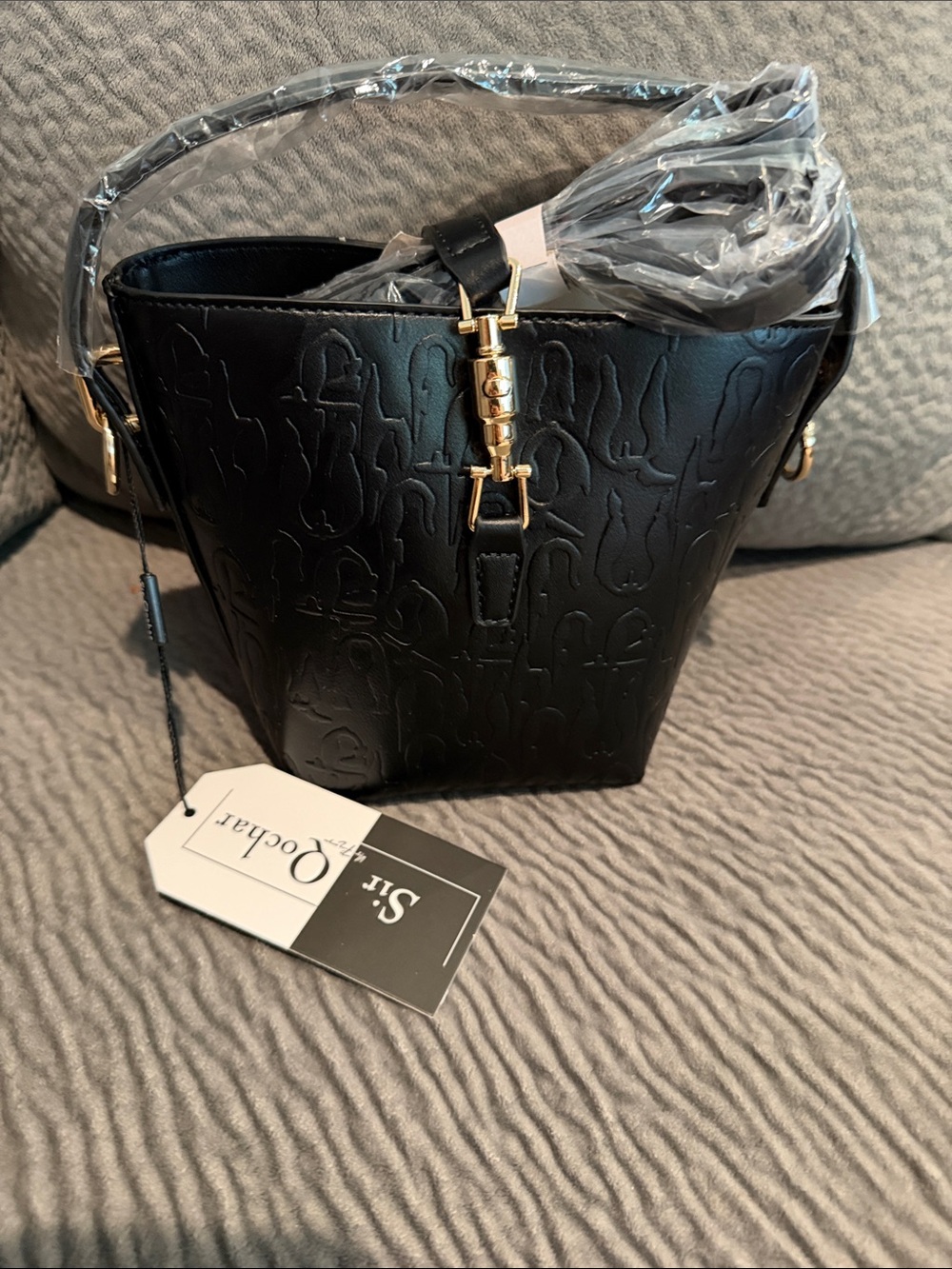 Black Embossed Bucket Bag with Gold Hardware